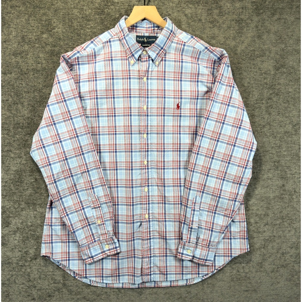 Ralph Lauren Classic Fit XXL Plaid Button Down Shirt Blue Red Pony Logo